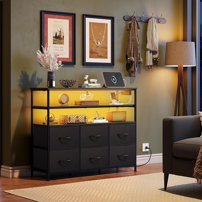 WLIVE Black TV Stand for 40 45 inch TV Entertainment Center with LED Lights &amp Charging Station TV Media Console Table with 6 Fabric Drawers and Open Shelves for Living Room Hallway Wood Top