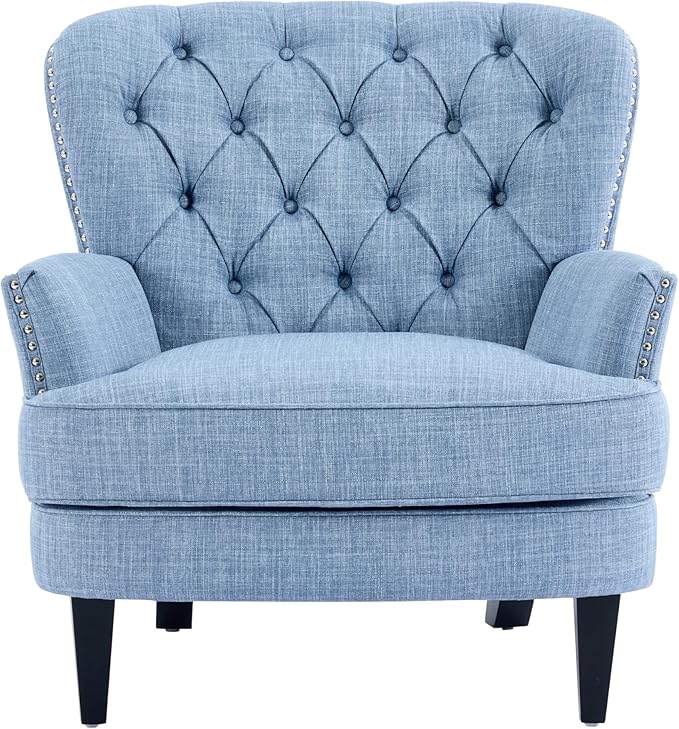 Ball &amp Cast Accent ChairMid-Century Lounge Living Room Chairs with Button TuftingUpholstered Reading Accent Chair W/Solid Wood Legs and Curved Backrestfor BedroomApartmentLight Blue