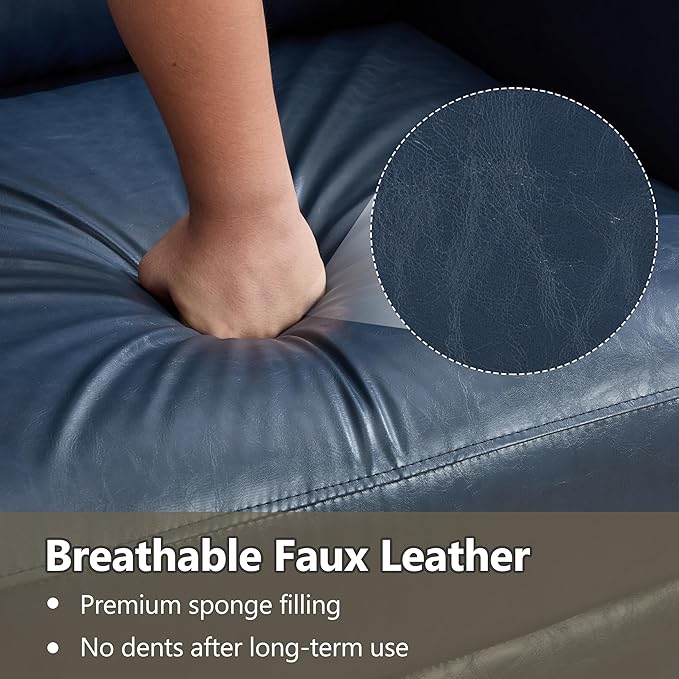 Manual Recliner Chair Faux Leather Push Back Recliners with Vibration Massage Lumbar Heat Living Room Single Sofa Reclining Rivet Design Chair Blue
