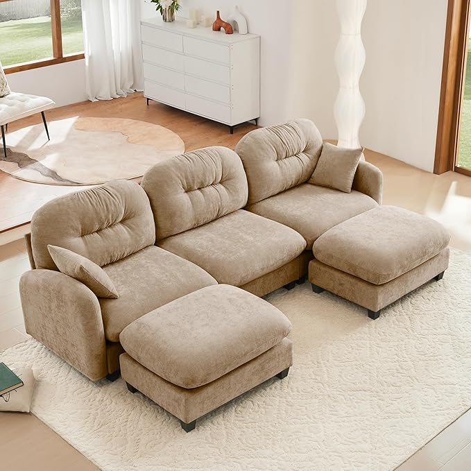 107 U Shaped CouchModular Sectional Sofa 3-Seater Comfy Cloud Couch with 2 Movable Ottomans Chenille Deep Seat for Living Room Office (Camel)