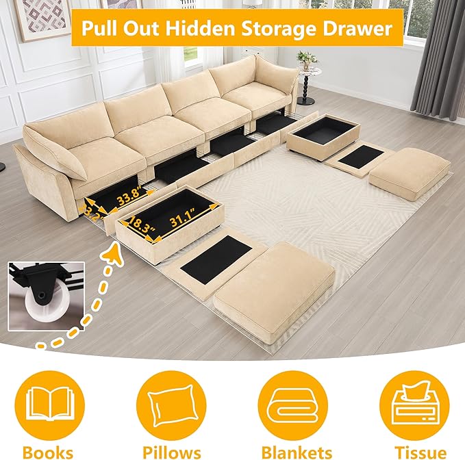 Aoowow Modular Sectional Sofa with Pullout Storage Seat 146.4” U-Shaped Chenille 4-Seat Sofa Couch with 2 Storage Ottomans Upholstered Deep Couches for Living Room Apartment OfficeWheat
