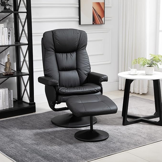 Pushback Recliner ChairComfy Wingback Adjustable Backrest Artificial Leather Accent Armchair with Footstool Trim &amp Wood Base Swivel Sofa Chair for Living Room Office Home Theater Bedroom(Black)