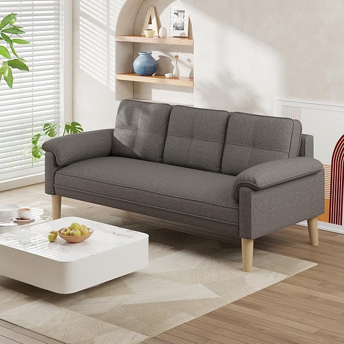 Ahomly 3-Seater Sofa Couch with Padded Armrests Deep Seat Comfortable Backrest and Solid Wood Legs – Easy to Assemble (Gray)