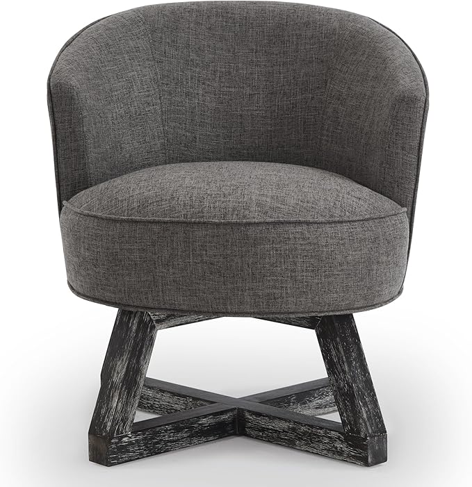 360°Swivel Accent Chair Farmhouse Retro Dressing Chair Linen Fabric Upholstered Reading Chair with Wood Base Bucket Chair for Living Room Bedroom Office Dresser (Dark Gray)