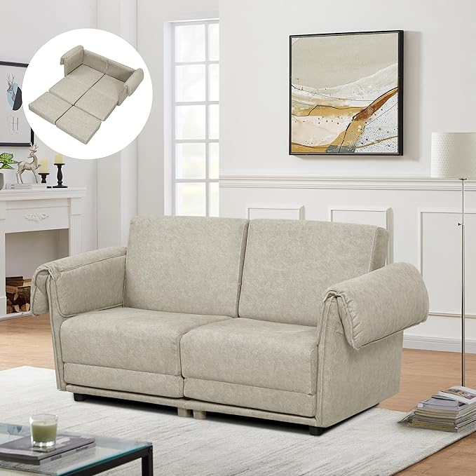FHFO Loveseat Sleeper Sofa Convertible Couch Bed Loveset Small Couchs for Small Spaces 3 in 1 Pull Out Sofa Bed Modern 65 Comfy Futon Sofa Bed Queen for Living Room Bedroom Apartment (Beige)