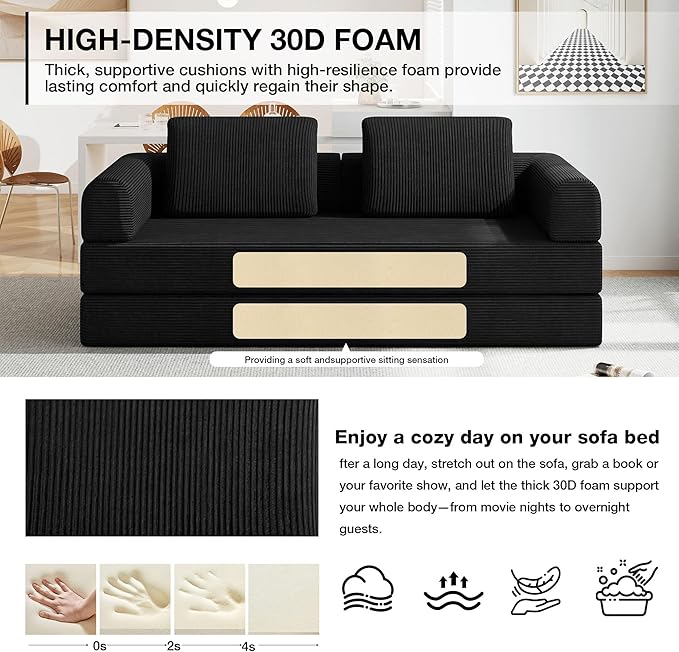Convertible Sofa Bed 5-in-1 Pull-Out Futon Boneless Couch for Living Room &amp Guest Room Corduroy Sleeper Sofa with Steel Support Brackets 78.7 3-Seater with 2 Pillows (Black)