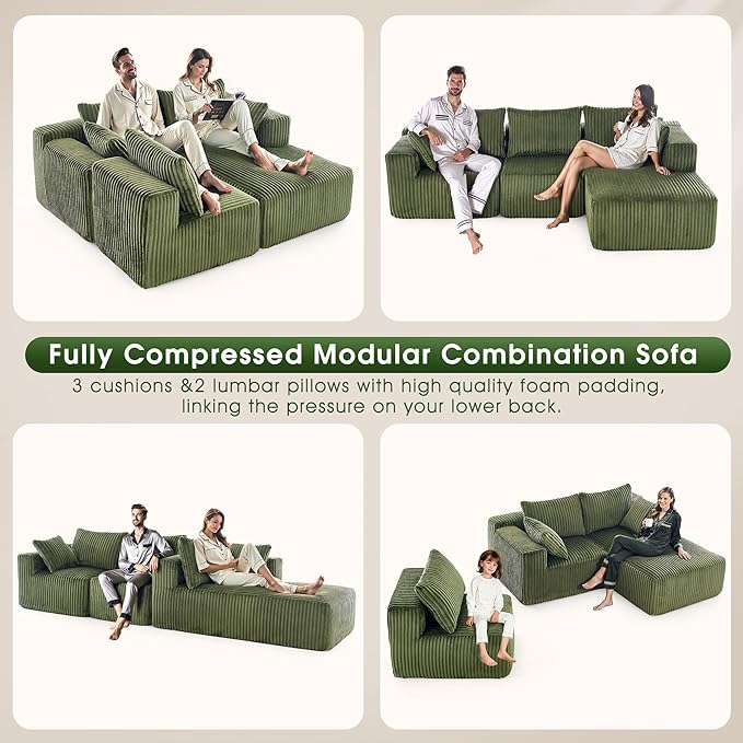 WorthFurni Cloud Modular Sofa Couch with L-Shape ChaiseModern Sectional with Deep Seat Upholstered Couches for Living Room BedroomNo Assembly Required Plush Corduroy Fabric 102(Green)