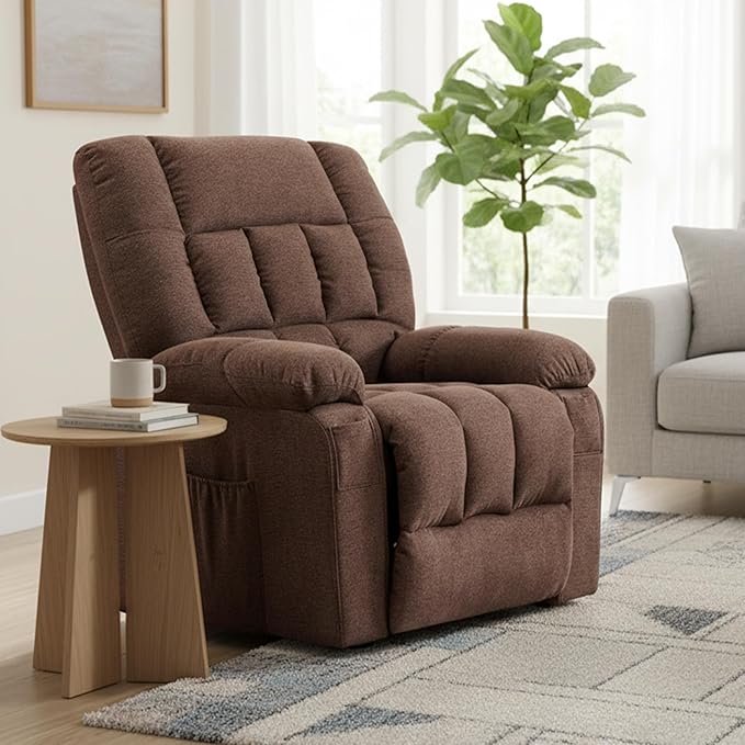 HealSmart Power Lift Recliner Chair with Massage &amp Heat Overstuffed Fabric Reclining Chair with Remote Side Pockets for Living Room &amp Bedroom Brown