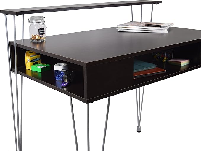 Proman Products Marcus Jr. Modern Home Office Desk with Storage – Functional Computer Writing Desk with Dual Side Compartments Large Hidden Storage Raised Display Shelf