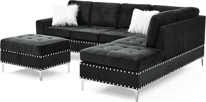 Yoglad 108'' Sectional Couches for Living Room Modular 5-Seater Couch Sofa with Reversible Chaise &amp Cup Holders L-Shaped Corner Sofa with Storage Ottoman for Apartment Office (Velvet Black)