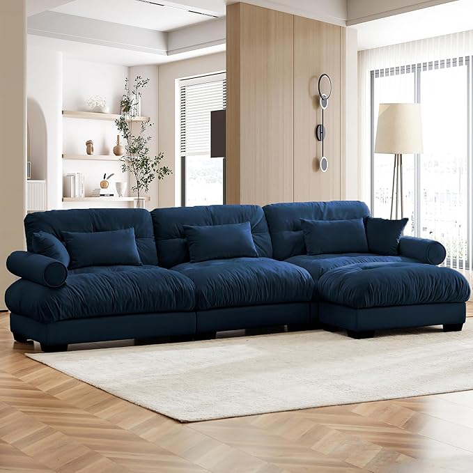Modular Sectional Couches 130 Oversized L Shaped Sectional Sofa 3 Seater Modular Velvet Deep Seat Cloud Couch with Ottoman Large Fluffy Couch Set for Living Room (Dark Blue 3 Seat + 1 Ottoman)