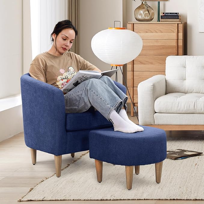 Athena Collection Modern Accent Chair with Ottoman Linen Barrel Sofa Chair Comfy Upholstered Armchair Reading Chair with Thickened Seat Cushion for Bedroom Living Room Navy Blue