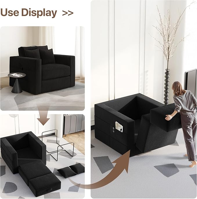 Claiks Convertible Sofa Bed2 in1 Folding Sofa BedArmchair Sleeper Sofa Boneless Corduroy Couch with 2 Pillows for Living Room BedroomBlack