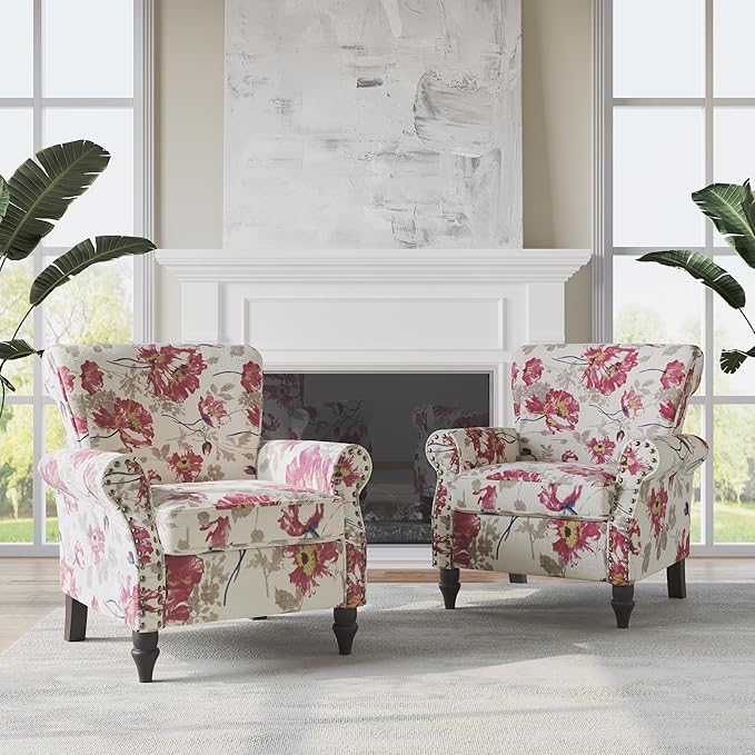 Accent Chair Upholstered High Back Floral Armchair with Nailhead Trim &amp Wood Legs Comfy Wingback Reading Single Sofa Chair for Small Spaces Living Room Bedroom-White Floral Set of 1