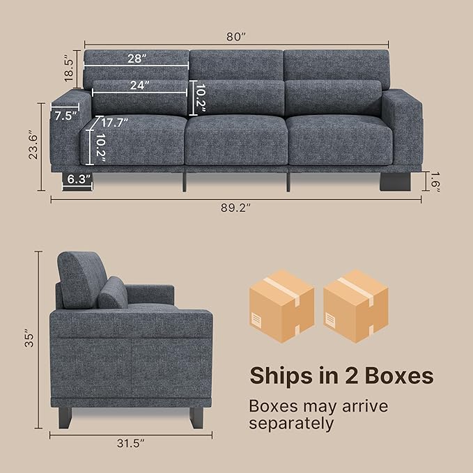 Gizoon 89 Inch Modern Sofa 3-Seater Chenille Couch with Wide Armrests &amp Deep Cushions for Living Room Bedroom and Apartment Dark Grey