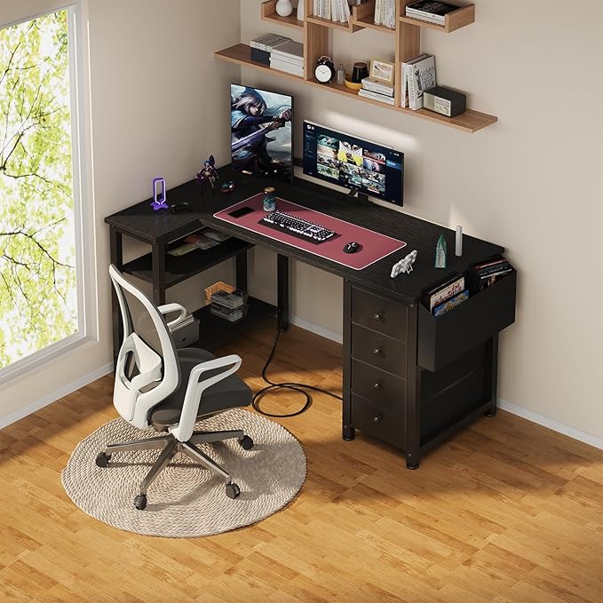 Lufeiya L Shaped Gaming Desk with Power Outlet 47 Inch Reversible Corner Computer Desk with Drawers &amp Storage Shelves for Home Office Bedroom L-Shaped Teen PC Desks with Fabric Drawer Black