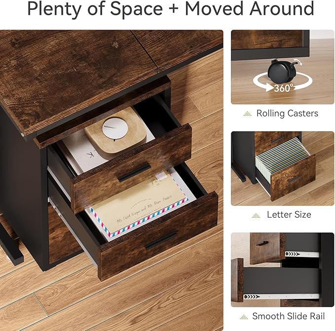 LITTLE TREE 83 Inch L-Shaped Office Desk with Drawers Large Executive Office Desk with Storage Wooden Computer Desk with File Cabinet Modern Work Desk for Home Office Brown
