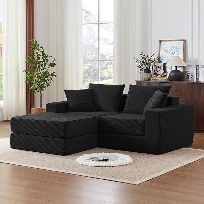 Modular Sectional Sofa with Convertible Sleeper Corduroy Fabric 2-in-1 Couch Bed with Reversible Chaise Adjustable Modular Sofas for Living Room Black