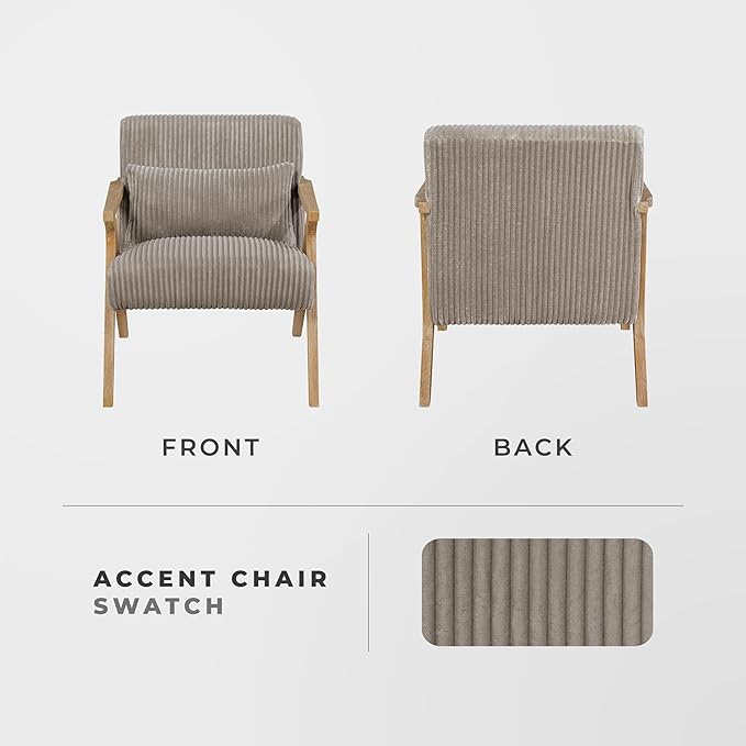 Lexicon Mid Century Modern Accent-Chair with Lumbar Pillow Brown Solid Wood Frame Comfy Corduroy Upholstered Lounge Arm Chair for Living Room/Bedroom/Office/Reading Nook Assembly Required Taupe