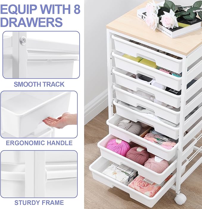 Rolling Storage Cart with DrawersUtility Cart With 8 Drawers and Wooden TabletopRolling Drawer CartStorage Drawer Cart for Living RoomClassroomBedroomBathroomDormOfficeWhite