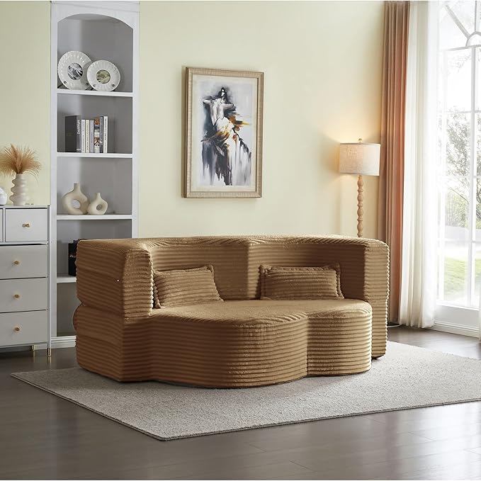 78” Corduroy Floor Sleeper Sofa Bed Modern 2 in 1 Full Size Foldable Mattress with 2 Pillows Convertible Boneless Couch with Deep Seat for Living Room No Assembly Required (Camel) | No Assembly Req