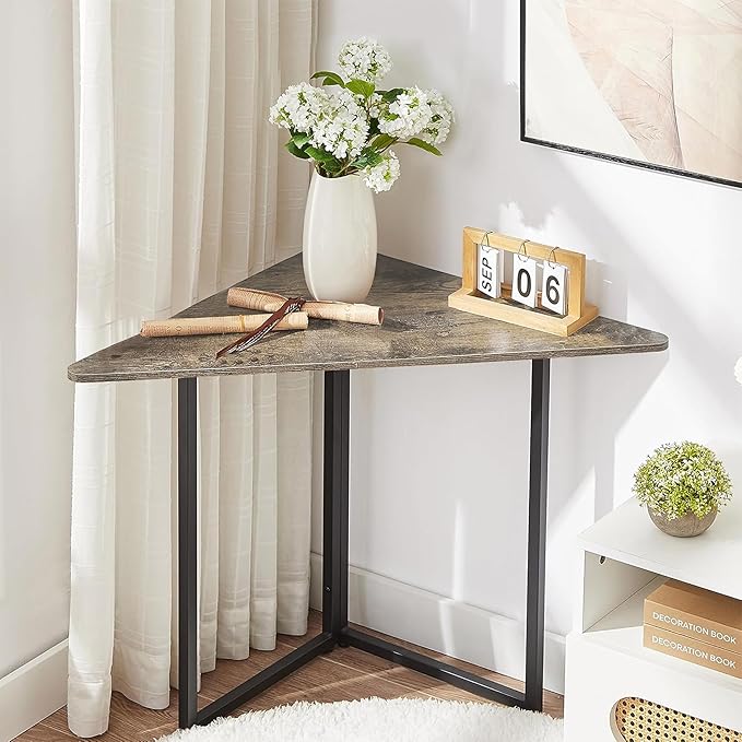 VECELO Corner Shelf End Side Tables Triangle Shelves with Metal Frame for Small Space Living Room Kitchen Bathroom Classic Grey