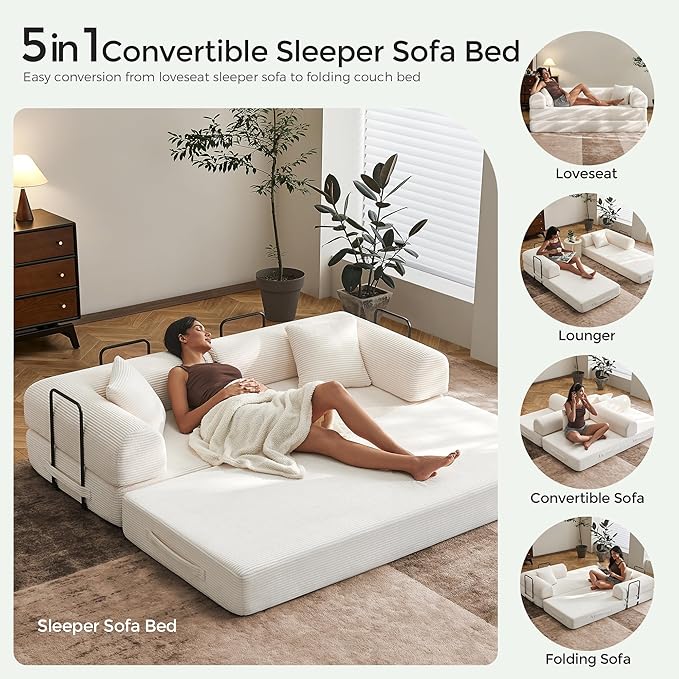 79 Corduroy Floor Sofa Bed Convertible Modular Sleeper Sofa Removable Parts Design Comfortable Seating and Sleeping for Family Use Relaxation Area (Beige White)
