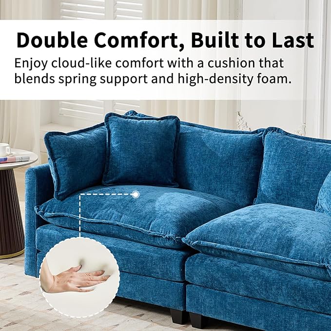 146.5 L Shaped Couch Modular Sectional Sofa Comfy Chenille Cloud Couch with Movable Ottoman and Pillow Modern 4-Seater Deep Seat Sofa for Living Room (BlueL Shaped Sofa)