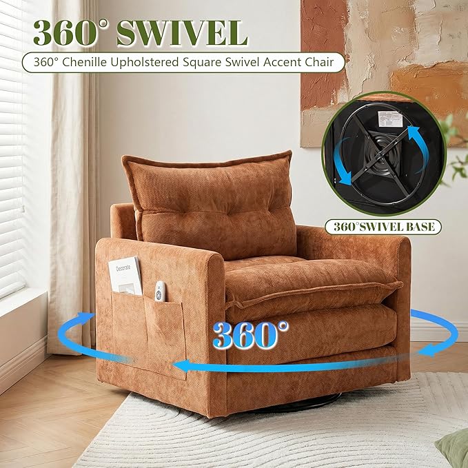Square Swivel Chair360°Rotation Armchair for ReadingPlush Chenille Upholstered Accent Club Chair with ArmsModern Single Cloud Sofa Chair for Living Room Bedroom (1 OrangeBrown)