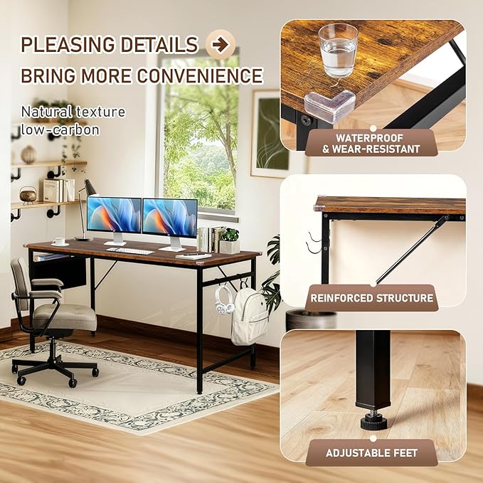 VINGLI 63 Inch Computer Office Modern Simple Gaming Desk with Side Fabric Drawer &amp Hook Up Wear-Resistant Surface Writing Desk Work Desk for Bedroom Living Room Rustic Brown