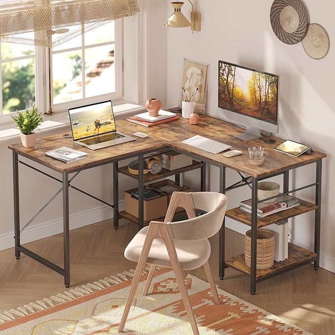 Bestier L Shaped Desk with Shelves 86.6 Inch Reversible Corner Computer Desk or 2 Person Long Table for Home Office Large Gaming Writing Storage Workstation P2 Board with 3 Cable Holes Rustic Brown