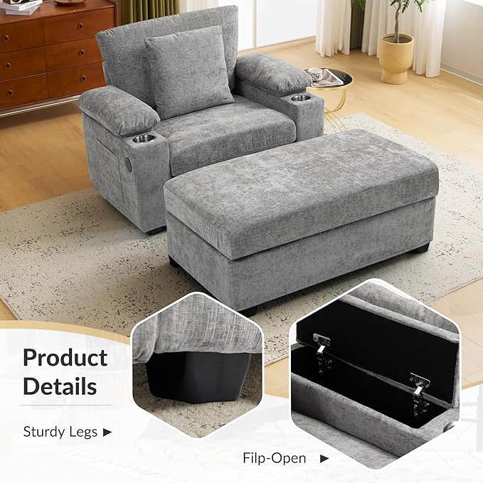 58'' Chaise Lounge Chair Indoor Cloud Arm Chair with Ottoman Set Oversized Accent Chair with Ottoman Reading Chair with Cup Holders &amp USB Charging Ports for Living Room Bedroom (Grey)