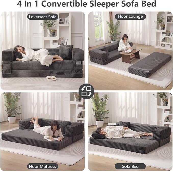 GNIXUU 78.7 Boneless Convertible Sleeper Sofa Bed 4-in-1 Folding Corduroy Futon Couch Bed Oversized Loveseat Modular Floor Mattress Couch for Living Room Bedroom Lounge No Assembly Grey