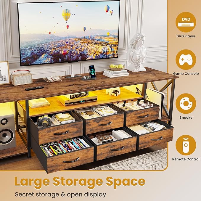 BTHFST TV Stand with LED Lights &amp Power Outlets for TVs up to 85 Inches 6 Drawers Entertainment Center with Open Storage Shelves 71 TV Media Console Table for Living Room Bedroom Rustic Brow