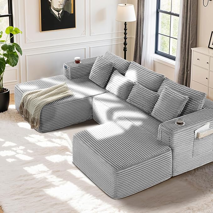 Cloud Modular Sectional Sofa Couch Boneless Couch Deep Seat for Living Room No Assembly Minimalist Modular Sofa Corduroy (Light Grey 2 Seater+Left Facing Chaise+Ottoman)