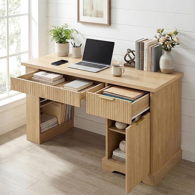 55 Fluted Office Desk with USB Charging Pegboard Organizer Convertible Keyboard Tray &amp Adjustable Storage Cabinet Modern Home Office Computer Desk