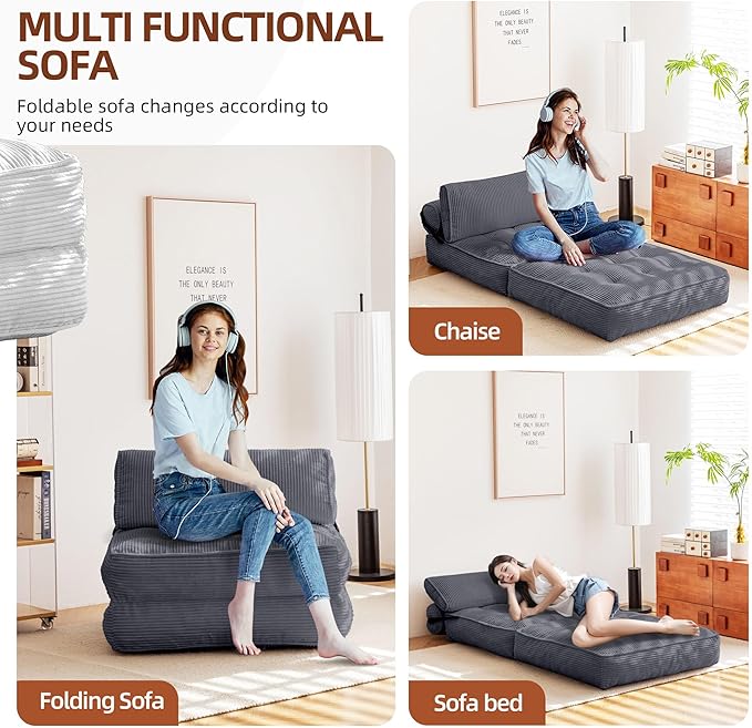 HOMREST Folding Sofa Bed Convertible Sleeping Chair with Backrest Support and Soft Corduroy FabricFold Couch Bed with Pillow for Small Spaces/Living Room/Bedroom/Apartment Single SizeGrayish Blue