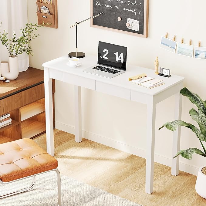 Wood Desk with Drawers - Solid Wood Mid Century Modern Desks for Bedroom Small Computer Desk for PC Laptop Study Makeup 39.4 W x 29.5 H x 15.75 D in White