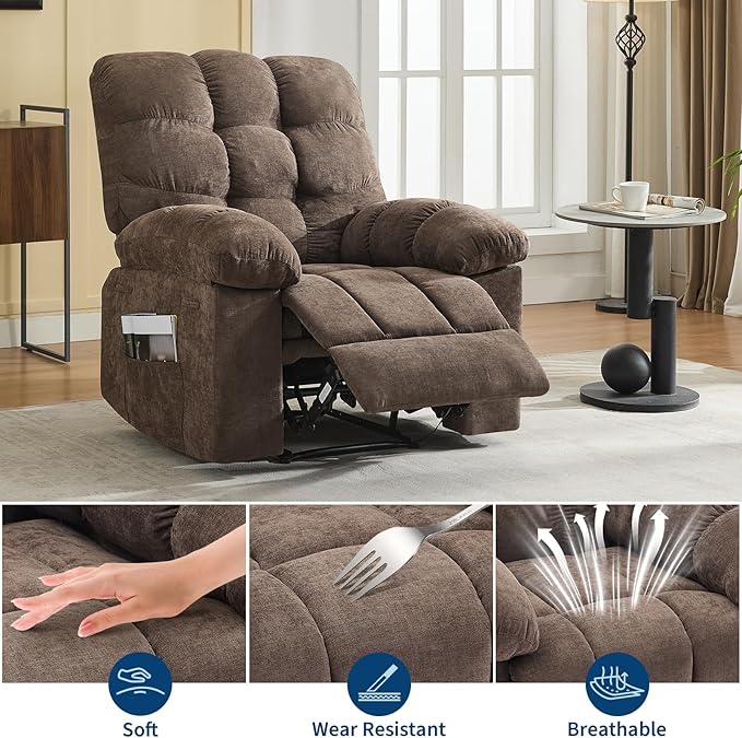Massage &amp Heating Recliner Chair for Adults 150° Manual Oversized Recliner with Extra Wide Plush Seat Soft Overstuffed Chair for Living Room BedroomBrown