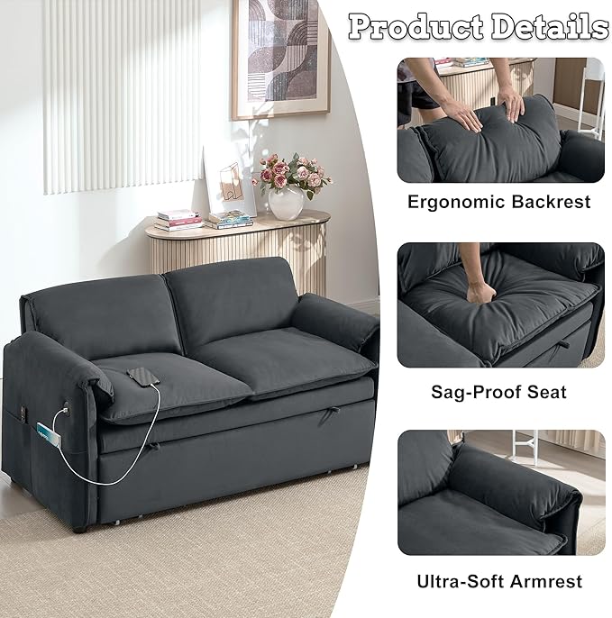 63 Velvet Pull Out Sofa Bed 3-in-1 Convertible Futon Loveseat Queen Sleeper Sofa Couch Bed with Adjustable Backrest USB Ports &amp Side Pockets Modern Sofas for Living Room Apartment Dark Grey