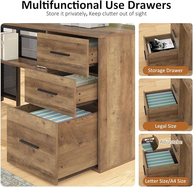 HSH Large L Shaped Home Office Desk with Drawers Rustic L-shaped Computer Desk with Storage File Cabinet Shelves Corner Reversible Metal Wood Executive Work Study Writing Table 59 Inch Bedroom Desk