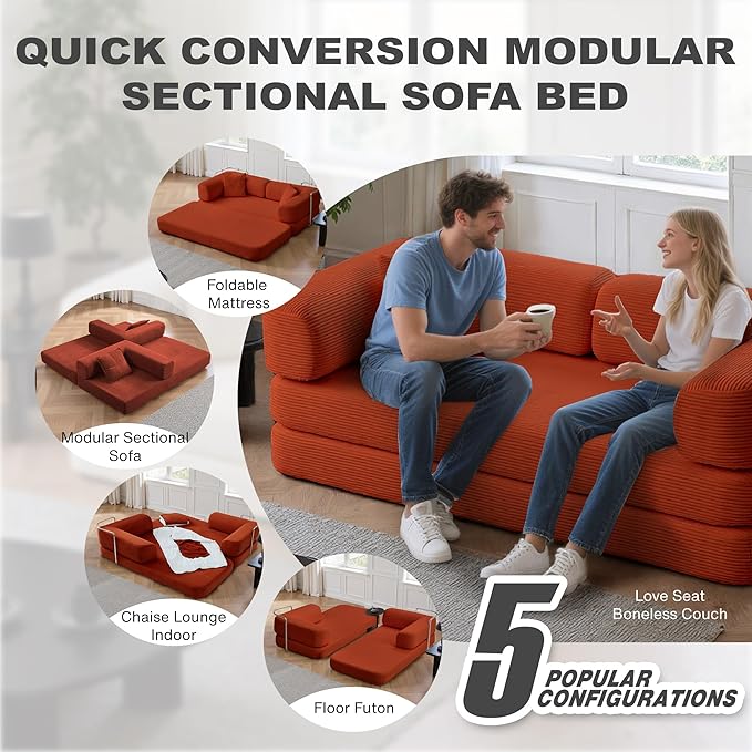 MYFUNSHOP Sleeper Sofa Bed4-in-1 Convertible Folding Boneless CouchFoldable Love Seat with Blanket Pillow Corduroy Floor Futon Couch for Living RoomBedroomLounge Studio