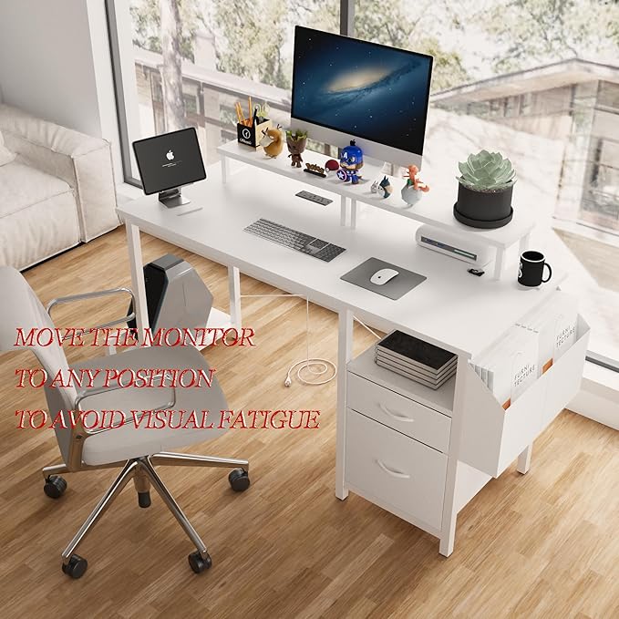 47'' Ergonomic Computer Desk with Dual Monitor Stands 2 Drawers &amp Built-in Power Outlets | Side Pocket | Reversible Cabinet | Adjustable Feet | Workstation for Home Office/Gaming/Study (White)
