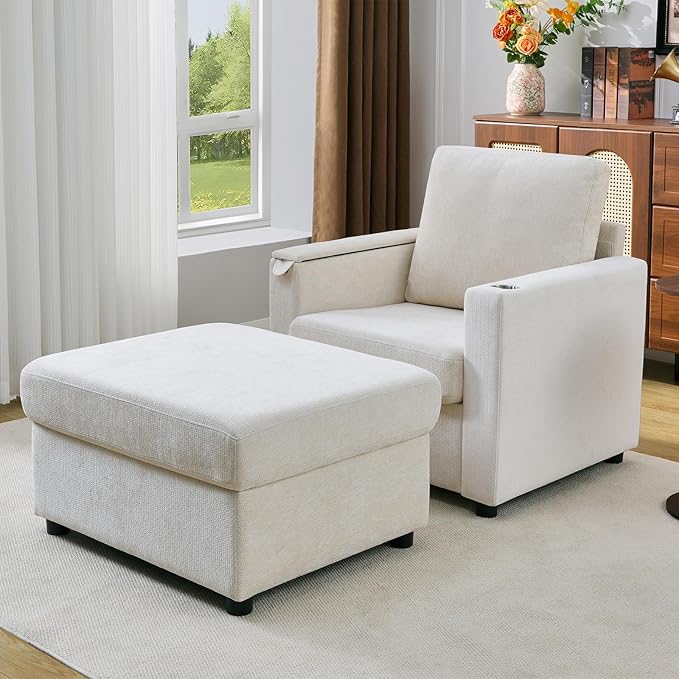 Modern Accent Chairs with Storage Ottoman Set Comfy Chenille Reading Armchair with Tray Table and Charging Port Chaise Lounge Chair for Living Room Bedroom Study Apartment Beige