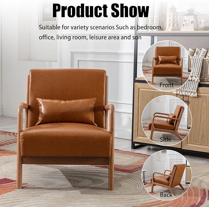 INZOY Mid Century Modern Accent Chair with Wood Frame PU Leather Reading Armchair with Waist Cushion Upholstered Living Room Chairs for Bedroom Sunroom (Camel)