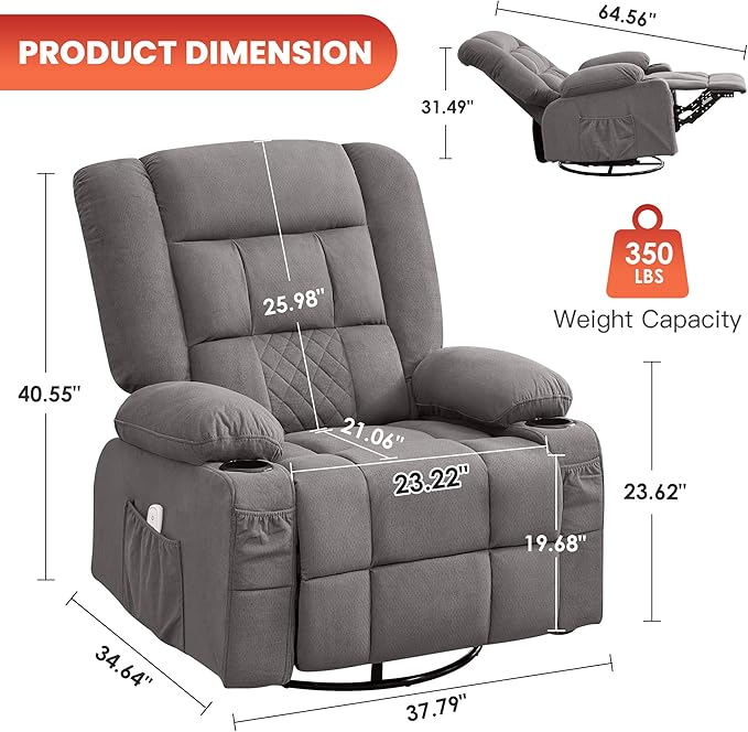 Massage Swivel Rocker Recliner Chair with Vibration Massage and Heat Ergonomic Lounge Chair for Living Room with USB Charge Port and Side Pocket Rocking Function (Light Grey)