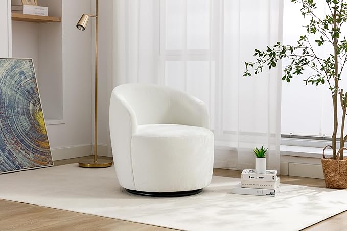 Chenille Swivel Accent Chair Ivory Round Metal Base Armchair 360° Rotation for Living Room