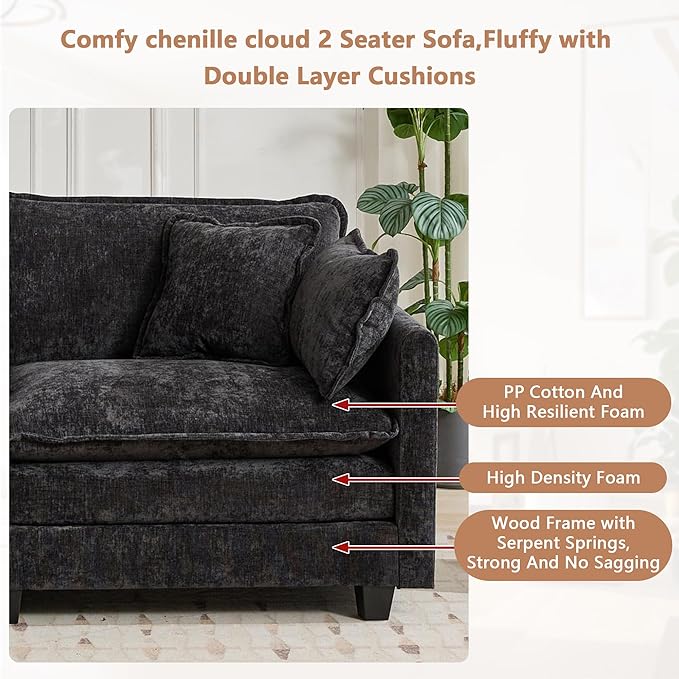 Aoowow Chenille Loveseat Cloud Couch with Ottomans78 Modular Sectional Small Love Seat Lounger Sofa for Small SpacesDouble Chaise Lounge Chairs Indoor for Living Room Bedroom (Black 2+2)
