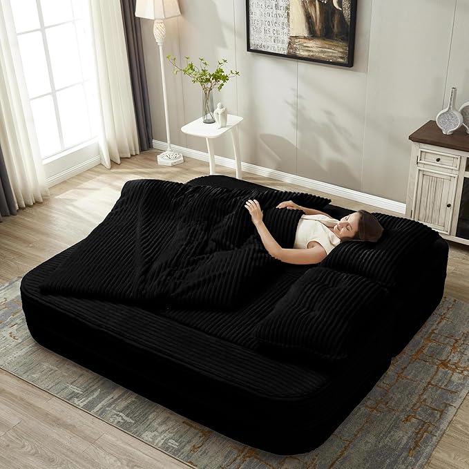 80-inch Folding futon Sofa Bed Full-Size Convertible Sleeper Couch Bed Memory Sponge Double Sofa with Comfortable Mattress Suitable for Living Room (Black Sofa Set 80'' inches+blanket)