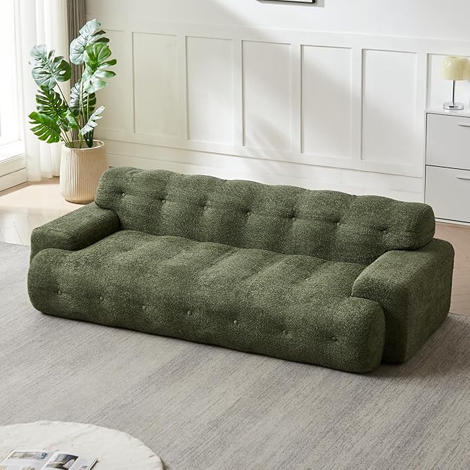KEIKI 87.4 Cloud Couch Oversized 3 Seat Sofa with Button-Tufted Square Arm Deep Seat Chenille Seat for Living Room Guest Bedroom No Assembly Required Green